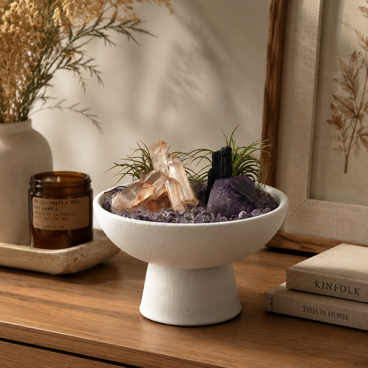 Crystal Energy Bowl Gift, Amethyst Crystal Decor, Natural Quartz & Black Tourmaline Arrangement, Spiritual Home Decor, Unique Healing Gift