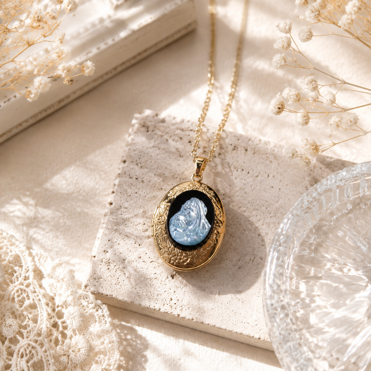 Gold Oval Cameo Locket Necklace, Virgin Mary Relief Pendant, Photo Memory Keepsake Jewelry, Handmade Vintage Religious Gift - Image 3