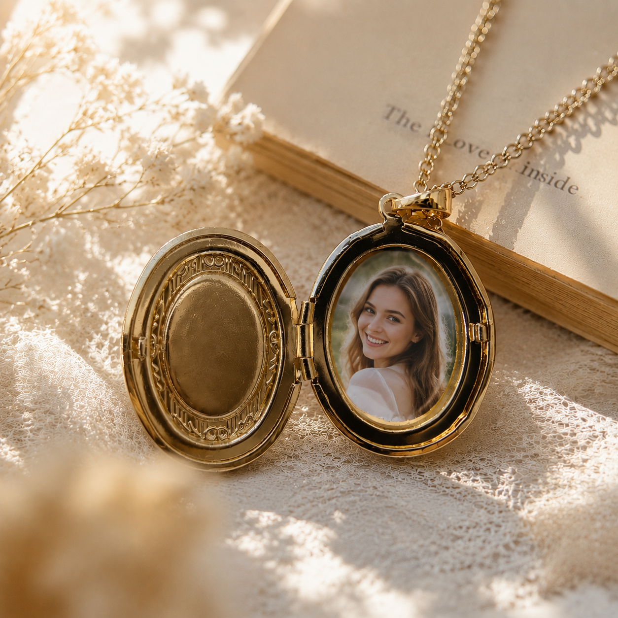 Alternative view of Gold Oval Cameo Locket Necklace, Religious Virgin Mary Pendant, Holds Photos