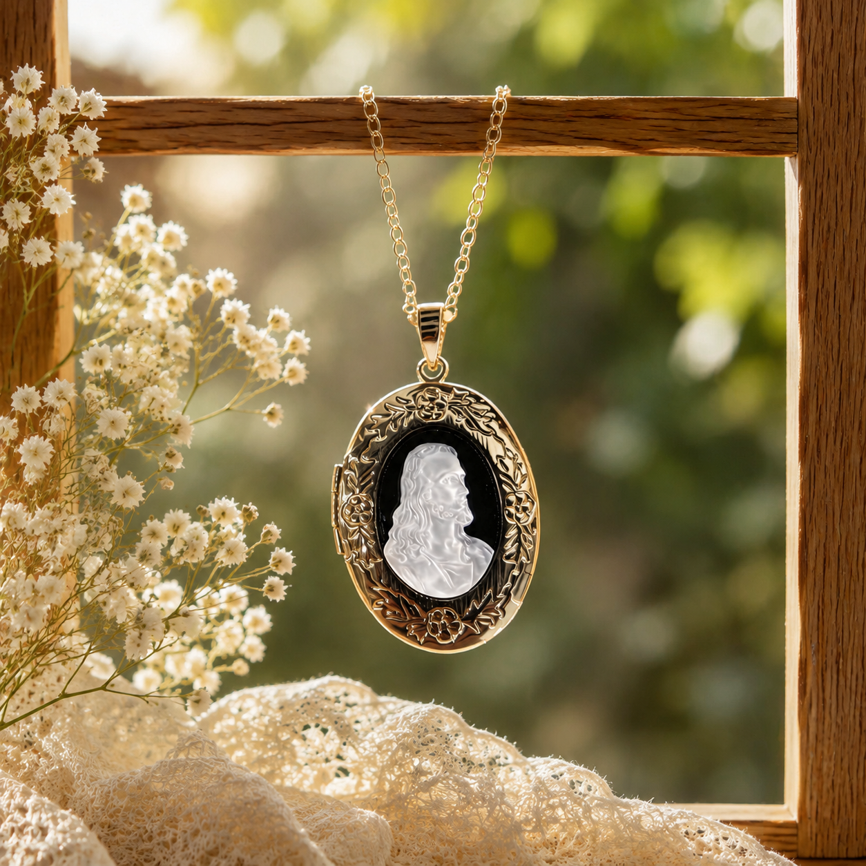 Gold Oval Cameo Locket Necklace, Virgin Mary Relief Pendant, Photo Memory Keepsake Jewelry, Handmade Vintage Religious Gift - Image 4